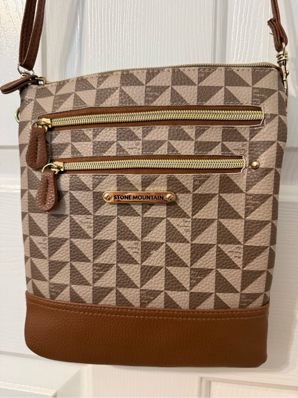 Stone Mountain Brown & Taupe Geometric Print Double Zip Crossbody Bag